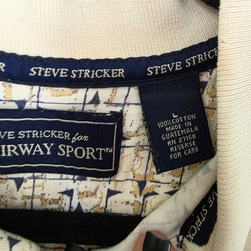 Steve‎ Stricker Fairway Sport Polo Shirt Mens Large Cream Golf Flag Print Cotton